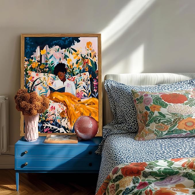 Framed Black Woman Reading Wall Art, Boho Black Girl Colorful Floral Paintings Wall Decor, African American Pictures Canvas Prints Aesthetic Home Decor for Living Room Bedroom Dorm 16x24 inch