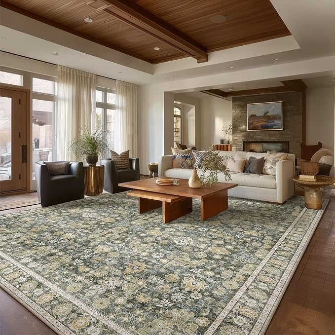 Washable Rugs for Living Room: 9x12 Area Rugs for Bedroom Ultra Soft Non-Slip Stain Resistant Vintage Boho Large Carpet for High-Traffic Dining Room - Farmhouse Decor