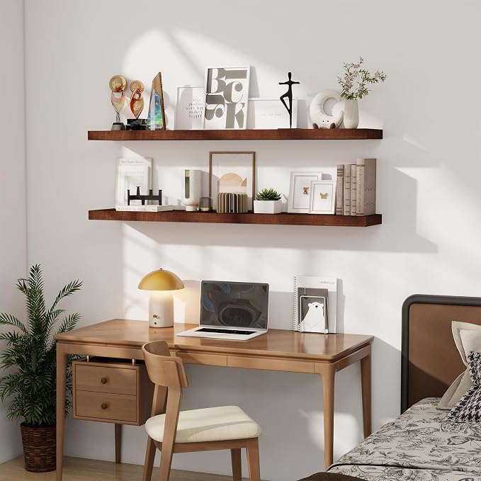RICHFOCUS Floating Shelves for Wall 55 Inch Solid USA-Sourced Oak Wooden Shelves for Bathroom Kitchen 9" Deep Modern Wood Shelf with Heavy-Duty Bracket for Wall Mounted, Walnut Finish