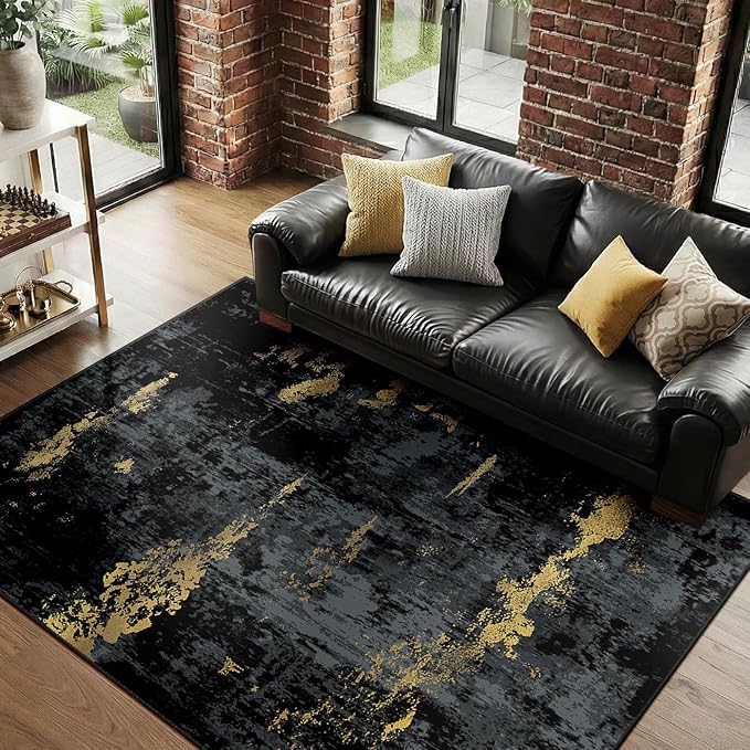 RELEANY Washable Area Rugs 9'x12' Non-Slip Modern Abstract Soft for Living Room Entryway Bedroom Nursery, Print Pattern, Dark Black Gold