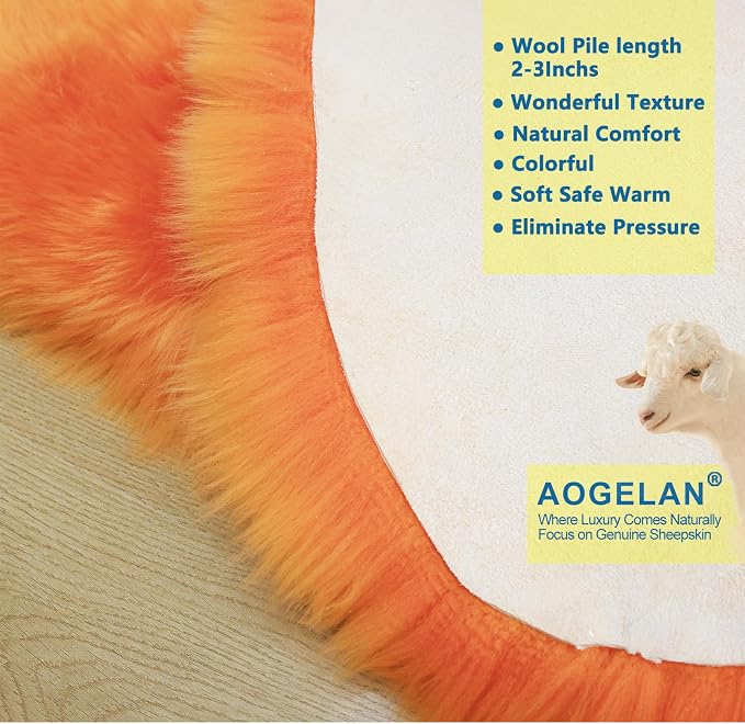 Orange Genuine Sheepskin Rug, Fluffy Fuzzy Soft Shaggy Fur Area Rug for Bedroom Living Room Fur Wool Pray Pup Carpet Cushion, Chair Sofa Seat Cover, Double Pelt/2FT*6FT