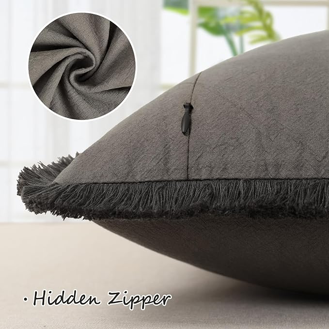 ZWJD Pillow Covers 24x24 Set of 2 Dark Gray Throw Pillow Covers with Fringe Chic Cotton Decorative Pillows Square Cushion Covers for Sofa Couch Bed Living Room Farmhouse Boho Decor
