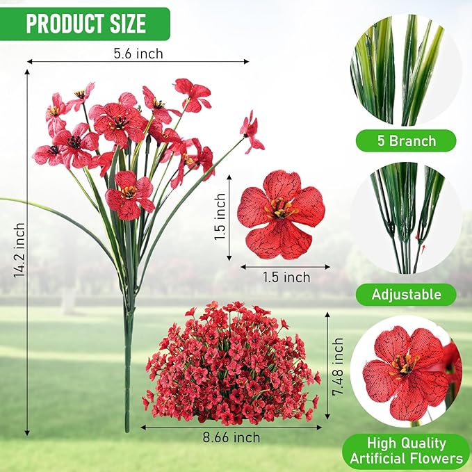 Powbrace 60 Pack Artificial Flowers for Outdoor Indoor Fake Plants, Faux Silk Flowers for Outdoors Outside Front Porch Hanging Planter Window Box Garden Spring Decoration(Red)