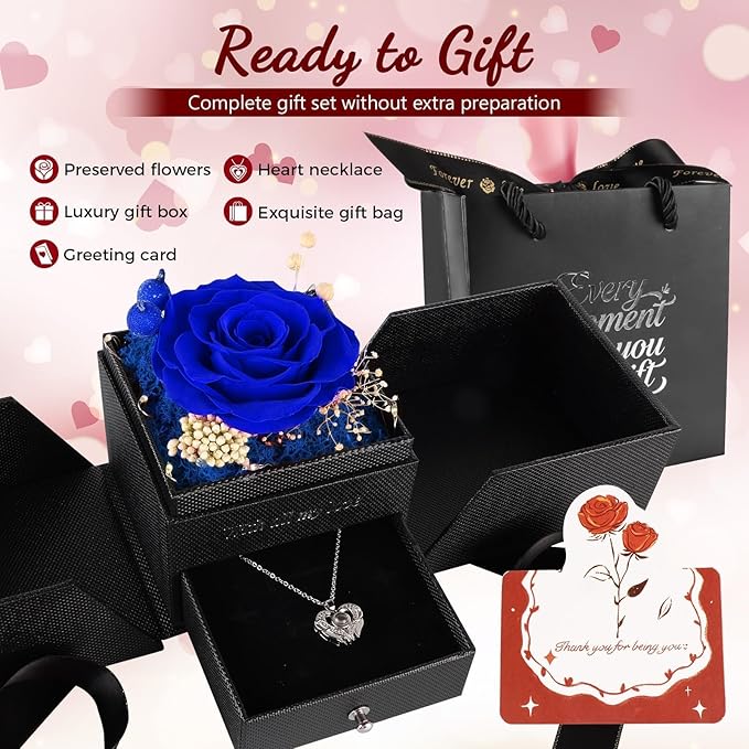 TranquilBliss Gifts for Mom, Preserved Real Blue Rose Gift Box with Heart Necklace,“I Love You” in 100 Languages, I Love You Eternal Flowers Rose Gift Set for Mother's Day, Anniversary
