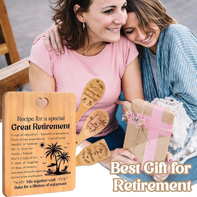 Retirement Gifts for Woman/Men 2026, Happy Retirement Bamboo Cutting Board Set for Colleagues, Coworker, Friend, Teacher, Boss, Parents, Family - Recipe for a Special Great Retirement.