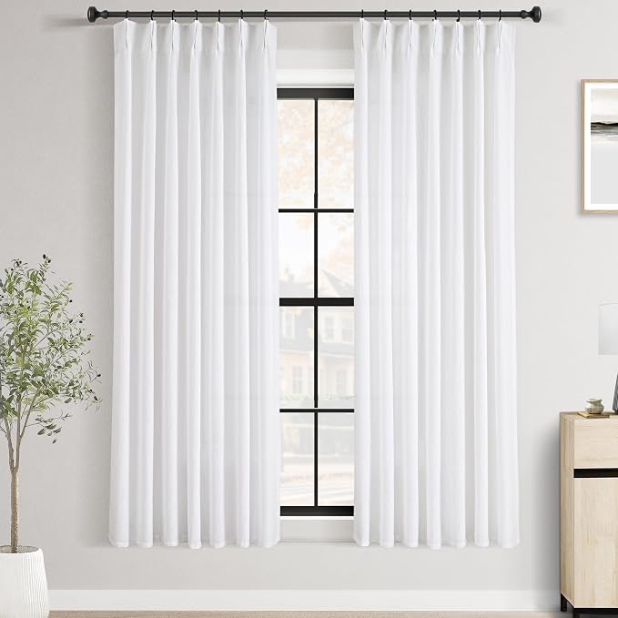 White Pinch Pleated Linen Curtains 63 Inch Length 2 Panels for Living Room Bedroom Textured White Semi Sheer Drapes Pinch Pleat Rings Window Curtain 40x63