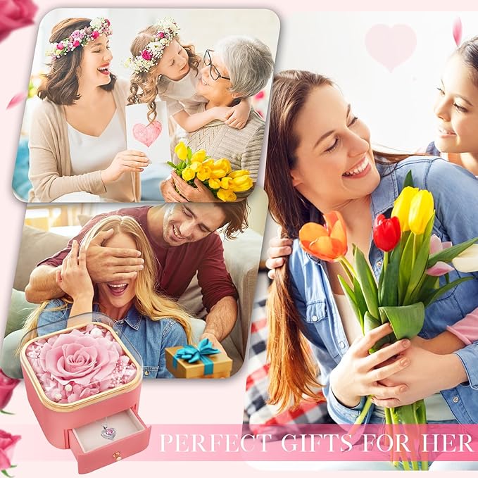 Beferr Gifts for Mom Preserved Real Rose with Necklace Eternal Roses Forever Flowers for Delivery Christmas Anniversary Birthday Mothers Day Flower Gifts for Women Her Grandma Wife Daughter Girlfriend