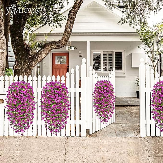 Artificial Hanging Flowers for Outdoors Spring Summer Decoration, 8PCS UV Resistant Silk Fake Hanging Plants for Patio Porch Front Yard Window Garden Indoor Decor(Purple,8PCS)