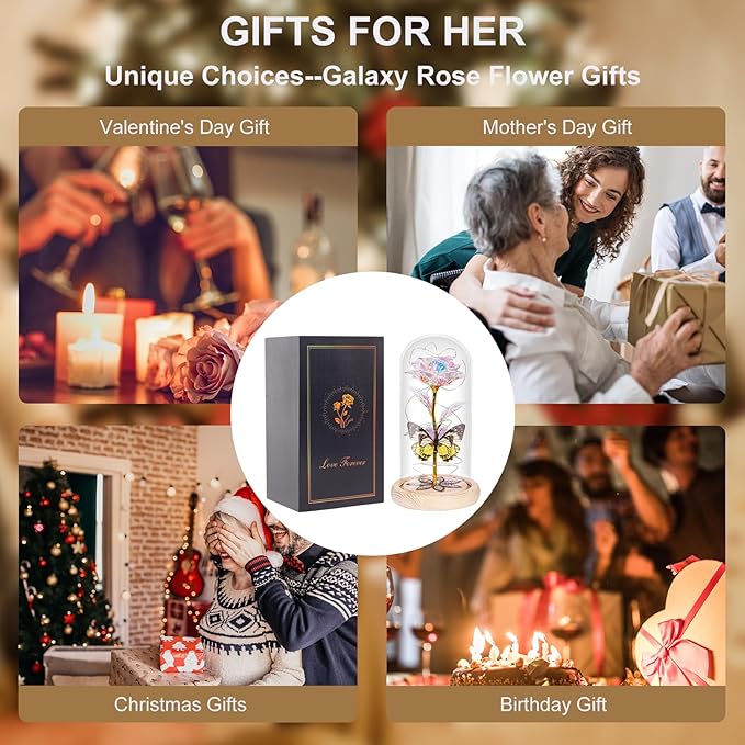 Beferr Birthday Gifts for Women Galaxy Glass Rose Forever Preserved Flowers for Delivery Light Up Rose in Glass Dome Mothers Day Butterfly Gifts for Mom Wife Grandma Her Daughter Girlfriend