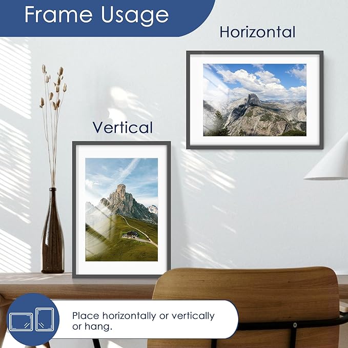 PEALSN 12x17 Picture Frame Set of 6, Display Pictures 10x14 with Mat or 12x17 without Mat for Wall Mounting or Table Top, Photo Frames Collage for Wall Decor, Black.