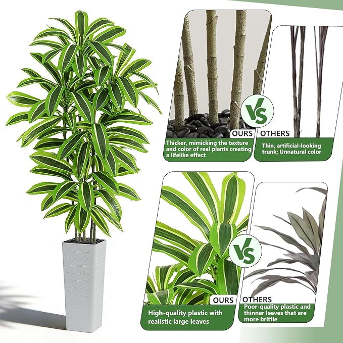 Artificial Yellow Dracaena Tree - 7FT Tall Fake Plants with White Tall Planter - Artificial Plants Indoor Floor Plant in Pot - Large Tropical Fake Yucca Potted Tree for Home Office Living Room Decor