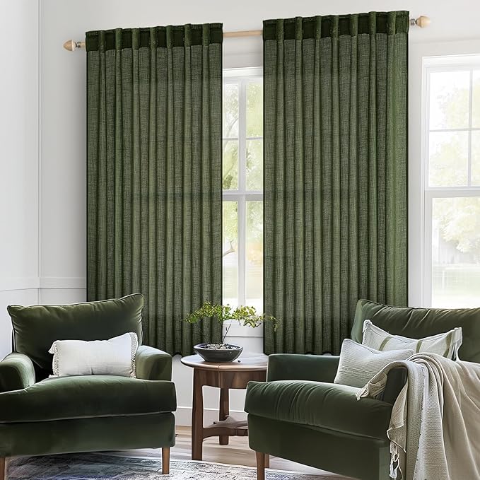 MIULEE Olive Green Linen Curtains 63 Inch Length 2 Panels for Bedroom Living Room, Soft Thick Linen Textured Kitchen Window Drapes Semi Sheer Light Filtering Back Tab Rod Pocket Burlap Look Decor