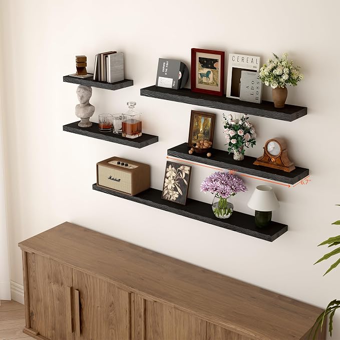 BGMG Wood Floating Shelves for Wall 30 inch Set of 2,Black Floating Shelves,Solid Wood Wall Mount Shelves for Bathroom Living Room Bedroom Kitchen Farmhouse -30x 6.7 x1.25 inch