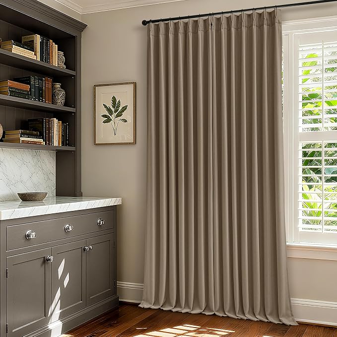 Latte Pinch Pleated 100% Blackout Linen Bedroom Curtains 86 Inch Length Double Layer Pleat Curtains Ring Hooks Back Tab Black Out Room Darkening Drapes 86 Inches Long Living Room Sliding Door