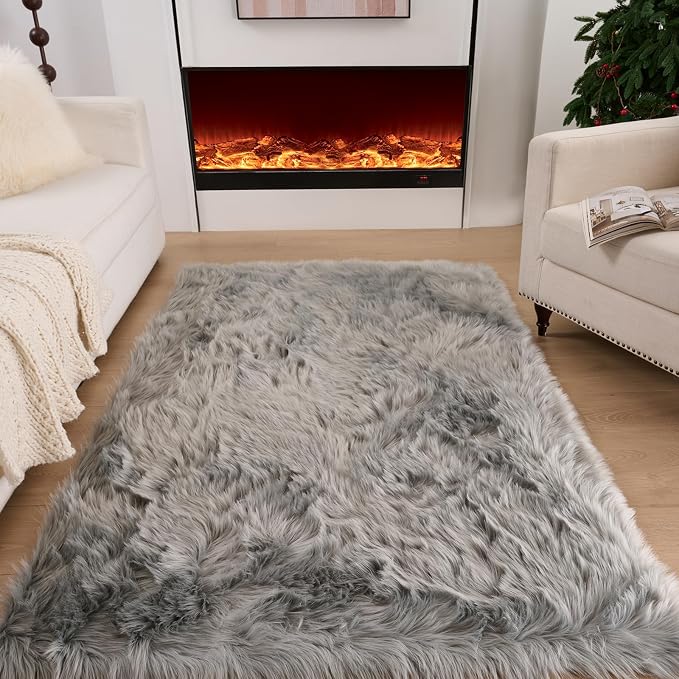 Faux Fur Rug Fluffy Sheepskin Area Rug,Ultra Soft Shaggy Plush Rug Bedroom Living Room Sofa Floor Kids Room Bedside（3 x 5 ft Rectangle Grey）
