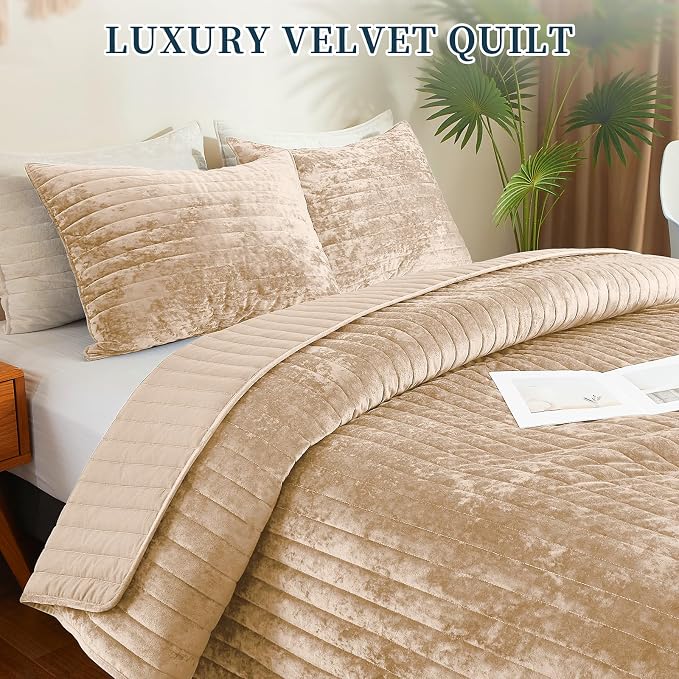 Luxury Soft Velvet Quilt Set Queen Size - Lightweight Velvet Bedding Set for All Season, Oversized Bedspread Coverlet Comforter Set with 2 Pillow Shams, Beige Brown, Striped