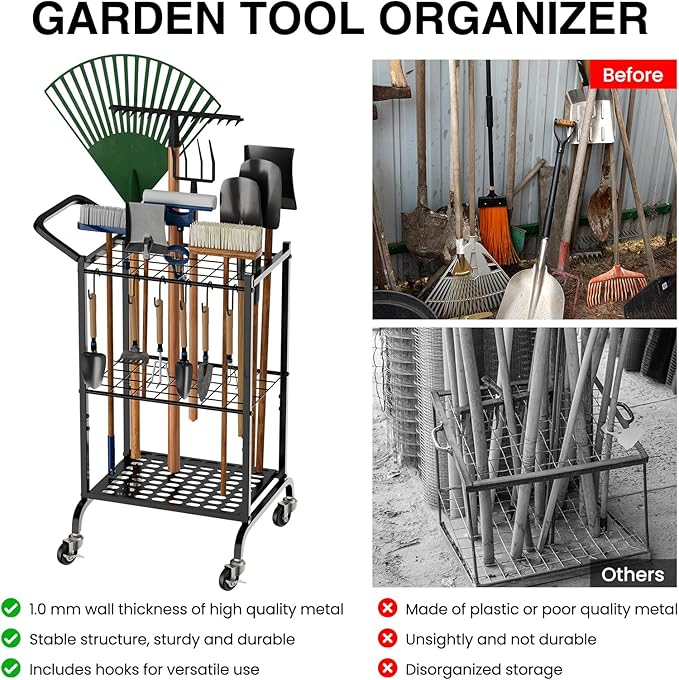 RANXFLOAT Garden Tool Organizer with Wheels, Yard Tool Tower Rack for Garage Organization and Storage, Up to 35 Long-Handled Tools,Metal Tool Holder with 6 Hooks, Black