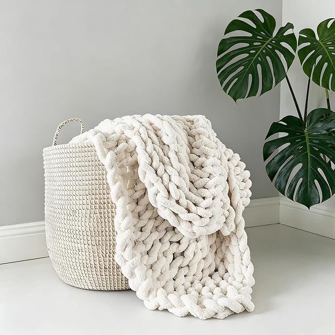 Soft Chunky Knit Throw Blanket for Couch, Cozy Warm Knitted Blankets | Hand Knit with Jumbo Chenille, Lightweight Warm Fluffy Decor for Women, Mom, Her & Girls, Sofa, Chair, Bed, 40"×40" (Beige)