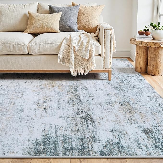 9x12 Area Rugs Washable Rug:Anti-Skid Abstract Modern Living Room Rug Soft Thin Carpets Indoor Floor Non-Shedding Carpet for Bedroom Dining Farmhouse Nursery Home Office(Blue/Grey/Gold/White, 9x12)