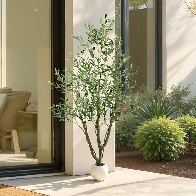 Caxchiling Artificial Olive Tree 5FT, Indoor Outdoor Faux Tree | Natural Trunk with Olive Fruits and Buds in White Planter for Home Office Living Room