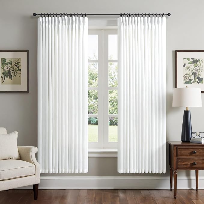 White Linen Pinch Pleated Curtains 63 Inches Long for Bedroom Back Tab Light Filtering Privacy Sheer White Curtain Modern Farmhouse Coastal Decor Cotton Textured Gauze Pleat Drape for Bathroom 2 Panel
