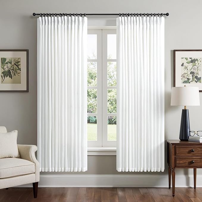 68 Inch Length White Linen Semi Sheer Curtains 2 Panel for Living Room Pinch Pleat Back Tab Light Filtering Textured Pleated Drape Boho Window Treatment for Bedroom Dining Bay Window 40 x 68 Long