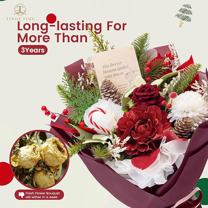 TINGE TIME Preserved Flowers Bouquet, Valentines Red Roses Faux Rose Bouquets, Artificial Flowers Poinsettia Faux Flowers, for Valentine Centerpiece Table Decoration Wedding Party