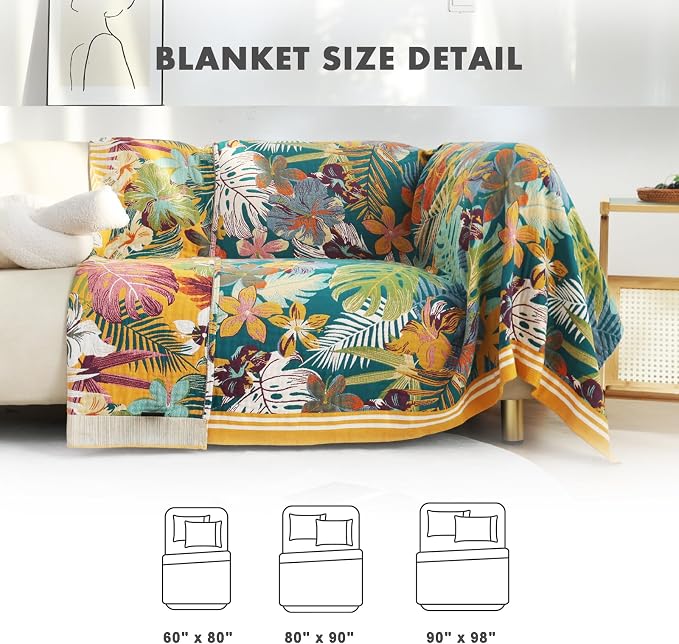 MSGKV Boho Throw Blanket for Couch and Sofa Cotton Blankets for Living Room Bedroom Reversable Florals Throw 60"x80" Summer Breathable Cozy Blankets