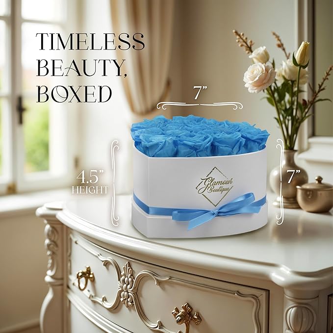 GLAMOUR BOUTIQUE Preserved Roses in a Box - Gifts for Her, Wife & Mom, Rose Flowers Forever Decor for Birthday Gift, Get Well Flower Bouquet Cased in White Box with Cover - Teal - 16 (Color-Treated)