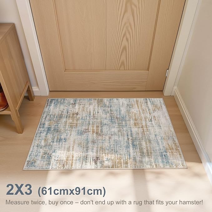 UERMEI 2x3 Washable Entryway Area Rug: Neutral Abstract Small Floor Carpet Soft Low Pile Non Slip Indoor Door Mat for Kitchen Hallway Stain Resistant for Pets and Kids Room Blue Brown
