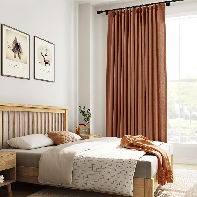 Terracotta Pinch Pleated Linen Curtains 90 Inches Long Country Boho Farmhouse Semi Sheer Textured Linen Blended Light Filtering Curtain for Living Room Bedroom Pleated Drapes with Hooks Rings 40x90