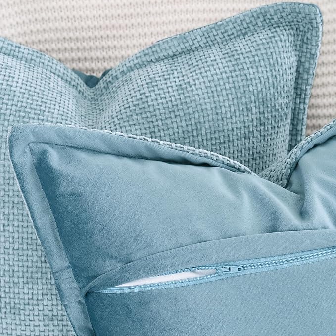 MADIZZ Decorative Chenille Velvet Throw Pillow Covers Set of 2 Soft Boho Textured Neutral Couch Throw Pillow for Bed Modern Farmhouse Home Decor for Sofa Livingroom Light Blue 20x20 Inch