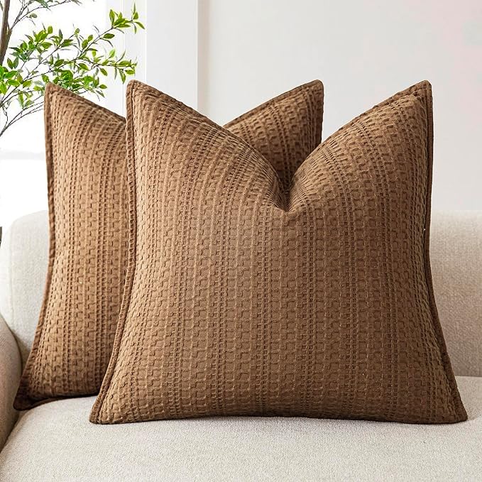 Foindtower Set of 2 Decorative Cotton Waffle Weave Throw Pillow Covers Euro Shams Cushion Covers Accent European Pillowcase for Bed Couch Sofa Bedroom Living Room Home Decor 22×22 Inch Orange Brown