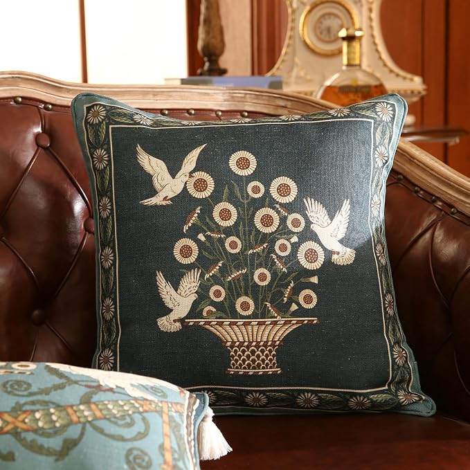 bilin gaier Green Throw Pillow Covers Set of 2,French Farmhouse with White Birds and Flowers Pattern Linen Pillowcases,Decorative Square Pillows Cushion Covers for Couch Sofa Bed Chair,18x18 Inches