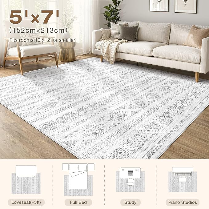 Tortania Area Rug Living Room Rugs - 5x7 Washable Large Soft Neutral Boho Moroccan Bohemian Farmhouse Rug Indoor Floor Carpet for Bedroom Under Dining Table Home Office Decor - Ivory Gray