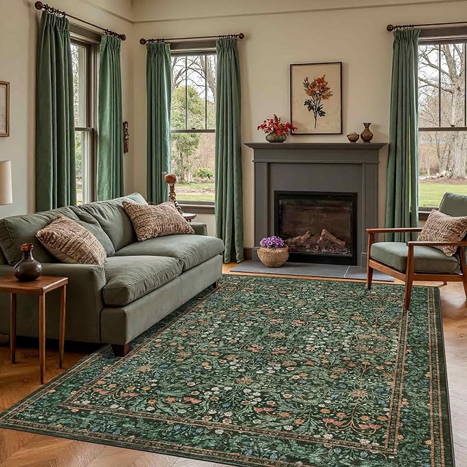 Rugxara 8x10 Area Rugs for Living Room Bedroom, Large Washable Rug, Green Vintage Floral Boho Rug, Non Slip & Low Pile Faux Wool Thin Carpet for Indoor Dining Room and Kids Room(Green 8x10ft)