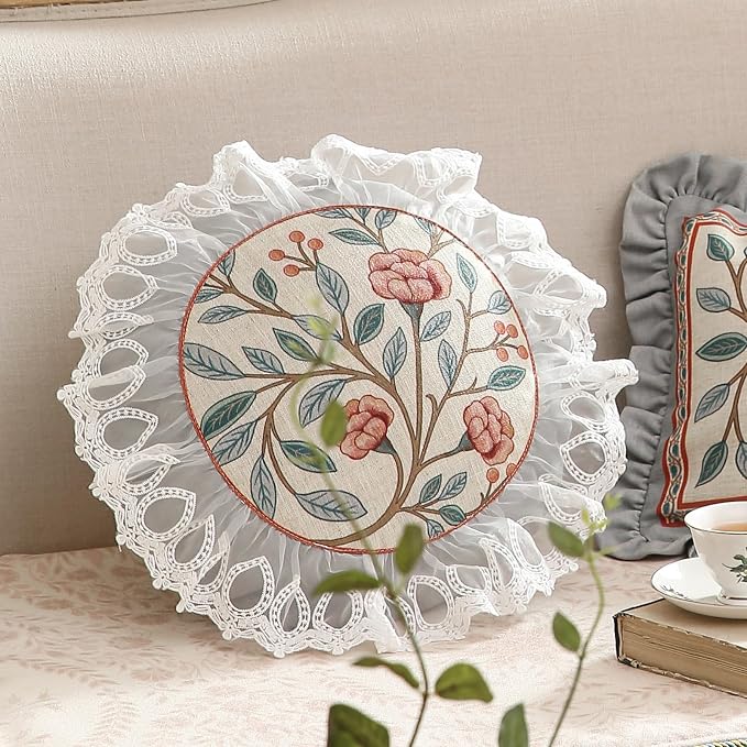 bilin gaier Linen Throw Pillow Cover,Set of 2,Diameter 16"-Flowershadow C | Designer Vintage Elegant Round Pillow Cover,Concealed Zipper,Floral Pattern,Sofa,Bedroom,Living Room,Lounge Chairs