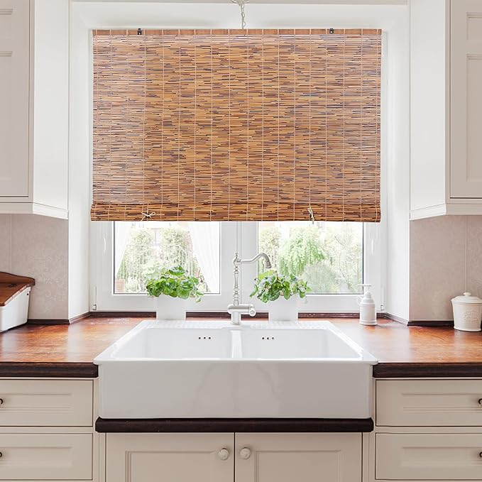 Forever Bamboo Light-Filtering Cord-Free Bamboo Reed Roll-Up Blind Shades for Windows Manual Roman Blinds Coffee 48 in W x 72 in H