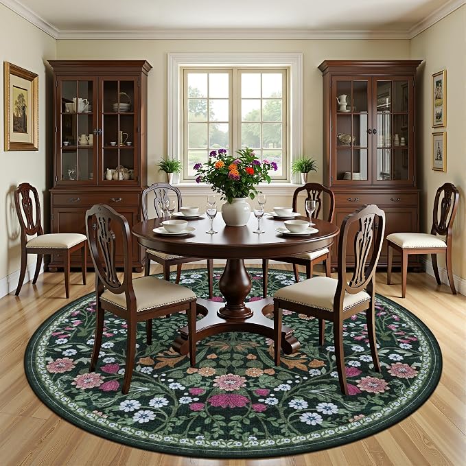Round Area Rug for Living Room: 8 ft Floral Washable Circle Rug Soft Boho Non-Slip Carpet Indoor Floor Stain Resistant Low Pile Small Circular Rug for Bedroom Entryway Kitchen Nursery Dark Green