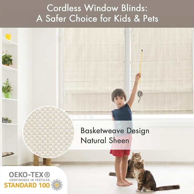 Madison Park Galen Cordless Roman Shade, 35"W x 64"H, Sheen Ivory – Room Darkening, Thermal Insulated, Energy Efficient Window Blind with Subtle Sheen Basketweave Fabric for Privacy