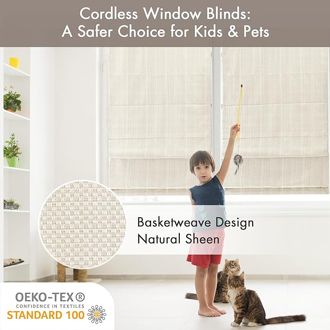 Madison Park Galen Cordless Roman Shade, 23"W x 64"H, Sheen Ivory – Room Darkening, Thermal Insulated, Energy Efficient Window Blind with Subtle Sheen Basketweave Fabric for Privacy