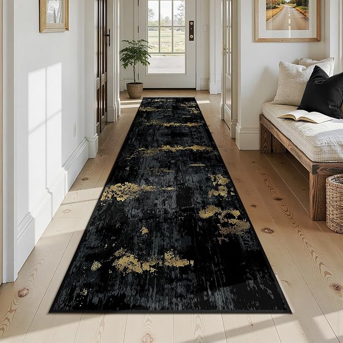 RELEANY Washable Area Rugs 2'6'' x12 Non-Slip Modern Abstract Soft for Living Room Entryway Bedroom Nursery, Print Pattern, Dark Black Gold