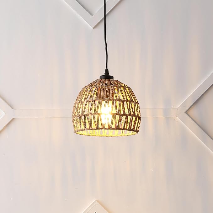 JONATHAN Y 8.25" Brown Modern Bohemian Woven Rope LED Pendant Light Fixture, Adjustable Dome Ceiling Lamp for Kitchen Island, Rope Shade, Coastal Farmhouse Decor (JYL6512E)