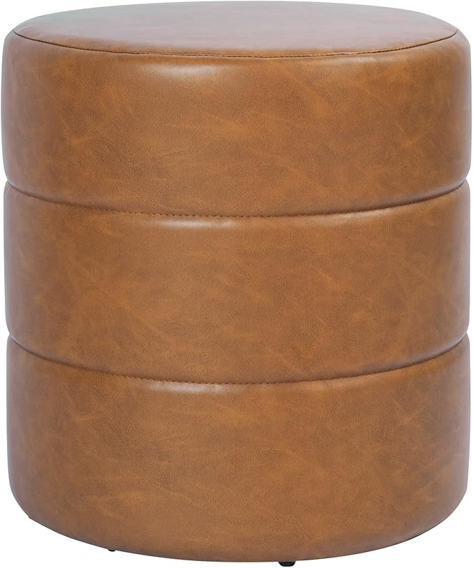HomePop Upholstered Faux Leather Round Ottoman (No Lid, Seat Only) | HomePop Home Décor | Round Pouf Foot Rest – Camel Brown Faux Leather