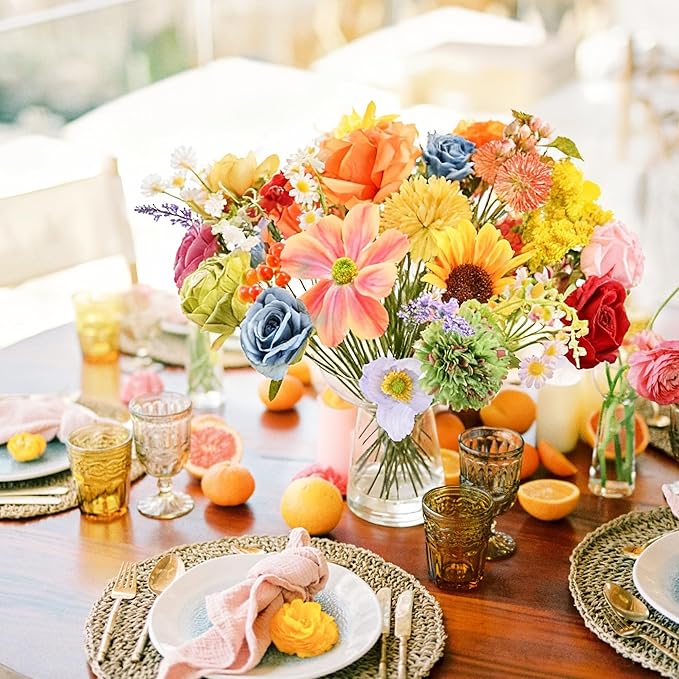 Artificial Flowers Combo Box, 31PCS Fake Flowers, Silk Flower Mix with Wire Stem, DIY Wedding Bridal Bouquet for Arrangement, Shower Party Home Décor, Warm Rainbow