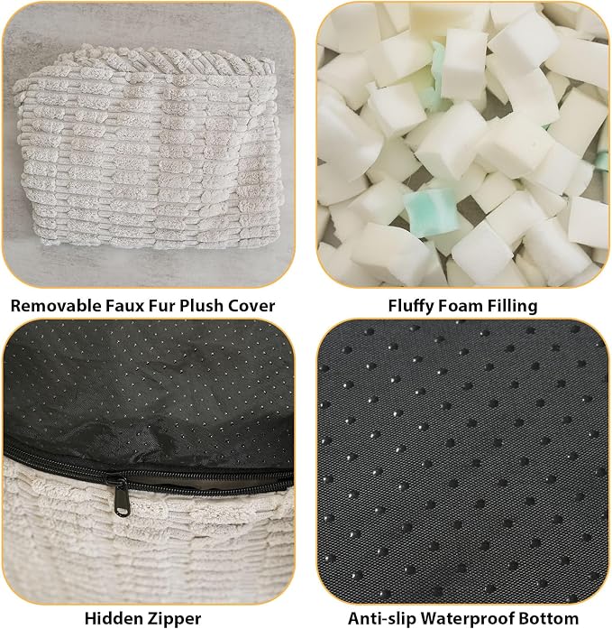 Round Stuffed Pouf Ottoman for Foot Rest, Storage Ottoman Pouf Foot Stool Cushion, Faux Fur Poufs with Foam Chunk Filling, 20 X 15 Inch Floor Chair for Living Room Bedroom Home Decor, Light Gray