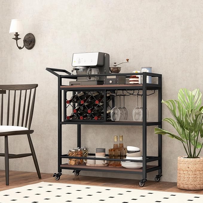 GOFLAME 3-Tier Bar Cart, Industrial Serving Cart with Wine Racks & Glass Holders, Convenient Handle, Rolling Beverage Cart with Metal Frame for Kitchen, Dining Room, Living Room, Brown