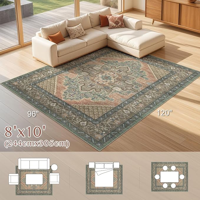 Tortania Area Rug Living Room Rugs - 8x10 Washable Boho Rug Vintage Oriental Distressed Farmhouse Large Thin Indoor Carpet for Living Room Bedroom Under Dining Table Home Office - Sage Terracotta