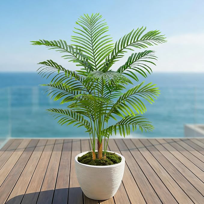 Artificial Palm Tree Indoor Plant 4FT Tall Fake Tropical Palm Tree in Pot, Real Bark Design Faux Areca Palm Tree for Home Office Living Room Bedroom Farmhouse Modern Outdoor Topiary Tree (13 Trunks)