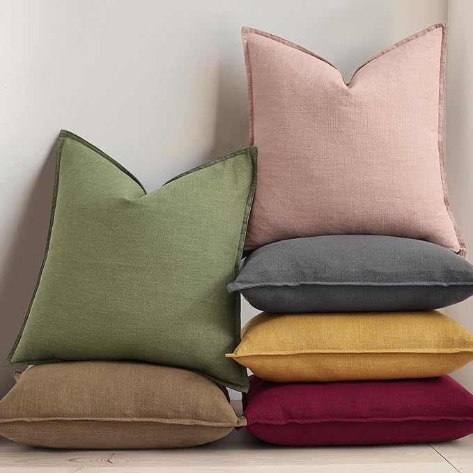 decorUhome Summer Decorative Linen Throw Pillow Covers 18x18 Inch Set of 2 Pink Pillow Covers with Flange Edges Soft Farmhouse Boho Accent Pillow Cases for Couch Bed Living Room